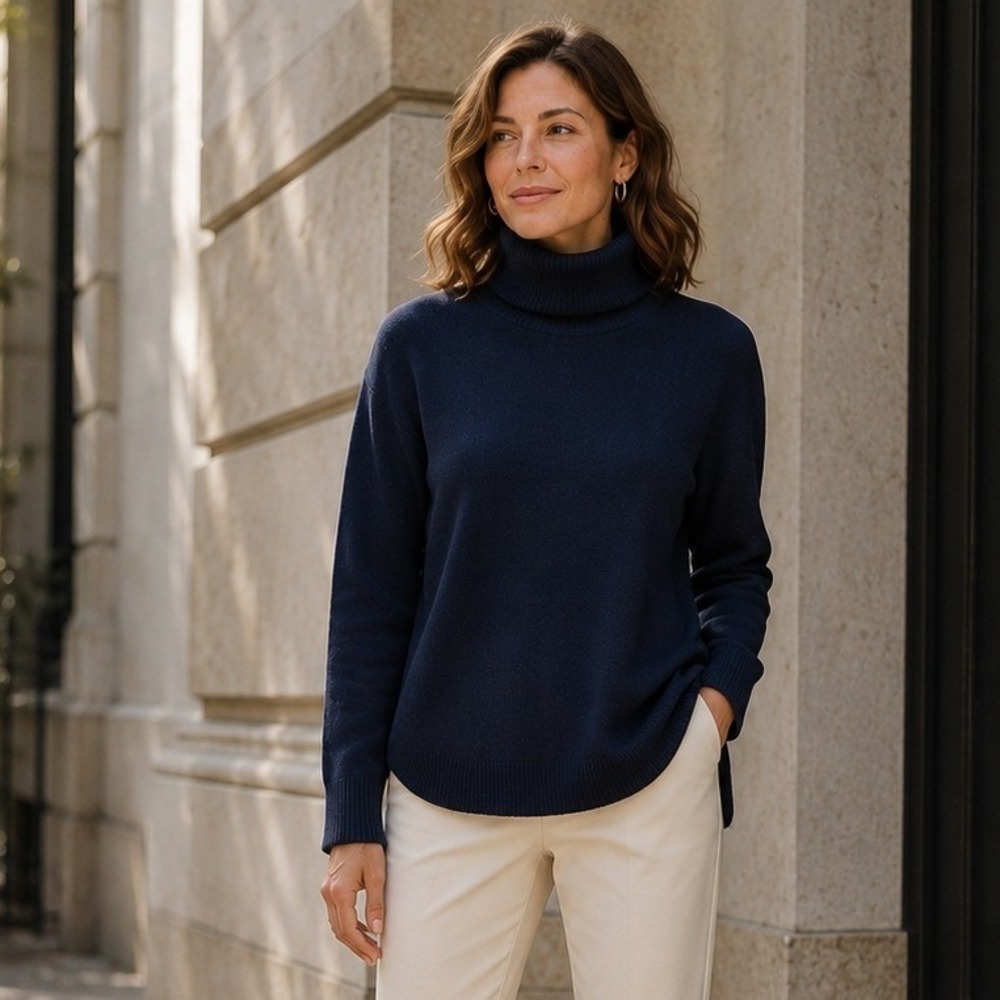 'S Max Mara Womens Turtleneck Sweater M Navy Blue Soft Luxury Knit Minimalist
